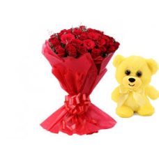 50 Red Roses bunch with Red paper packing with 6 inch teddy 